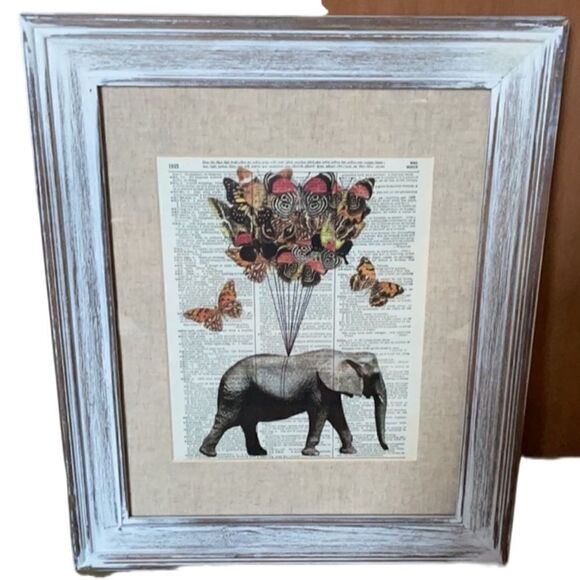 Framed Elephant and Butterfly Print on Recycled Encyclopedia Page - Picture 6 of 16